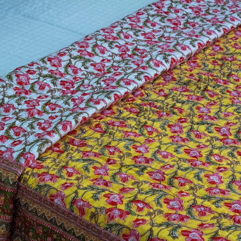 Cotton Mulmul Double Bed Jaipuri Razai Quilt Yellow Lily Bel Print 3 (4736317096035)