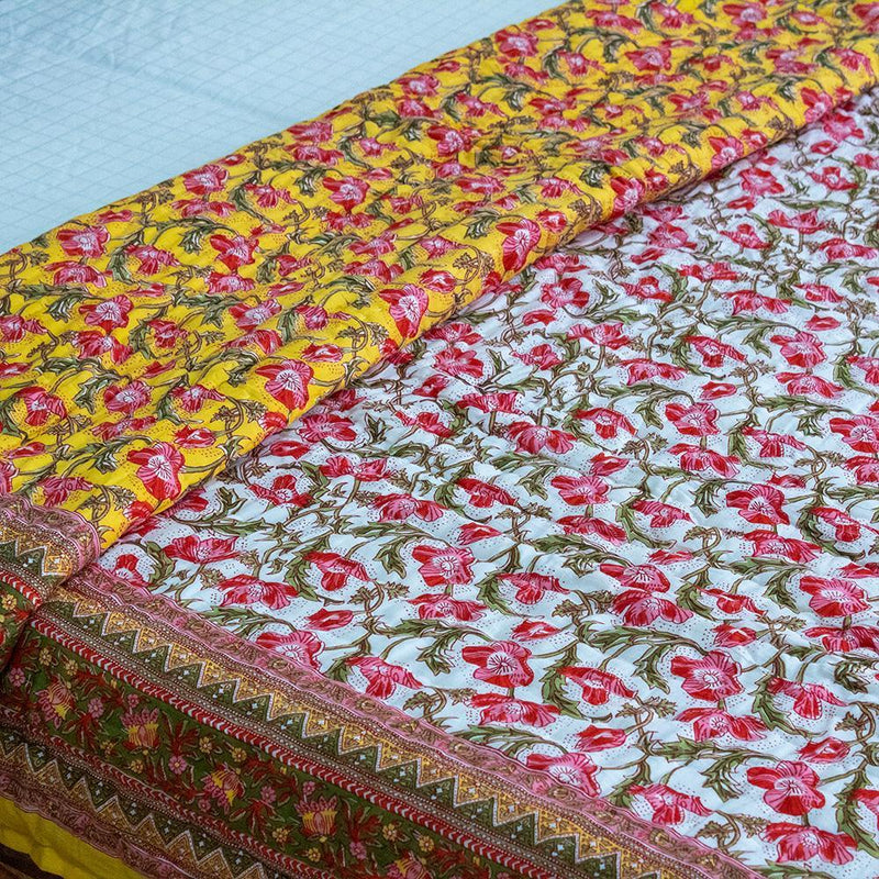 Cotton Mulmul Double Bed Jaipuri Razai Quilt Yellow Lily Bel Print 2 (4736317096035)