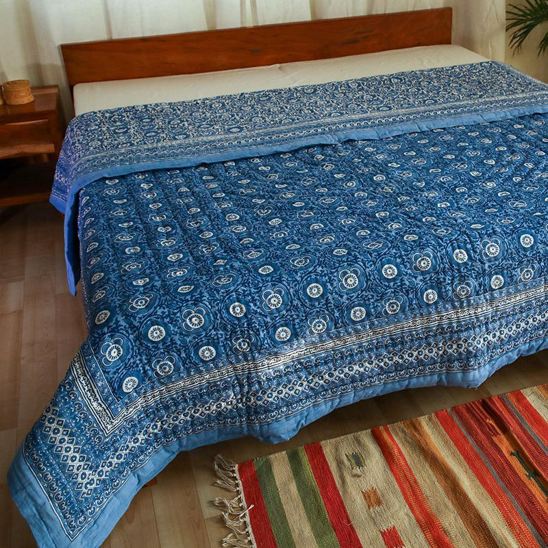 Cotton Mulmul Double Bed Jaipuri Razai Quilt Light Blue Chakri Print (4736317227107)