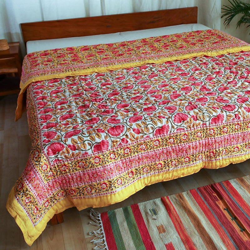 Cotton Mulmul Double Bed Jaipuri Razai Quilt Yellow Pink Floral Bel Print (4736317423715)