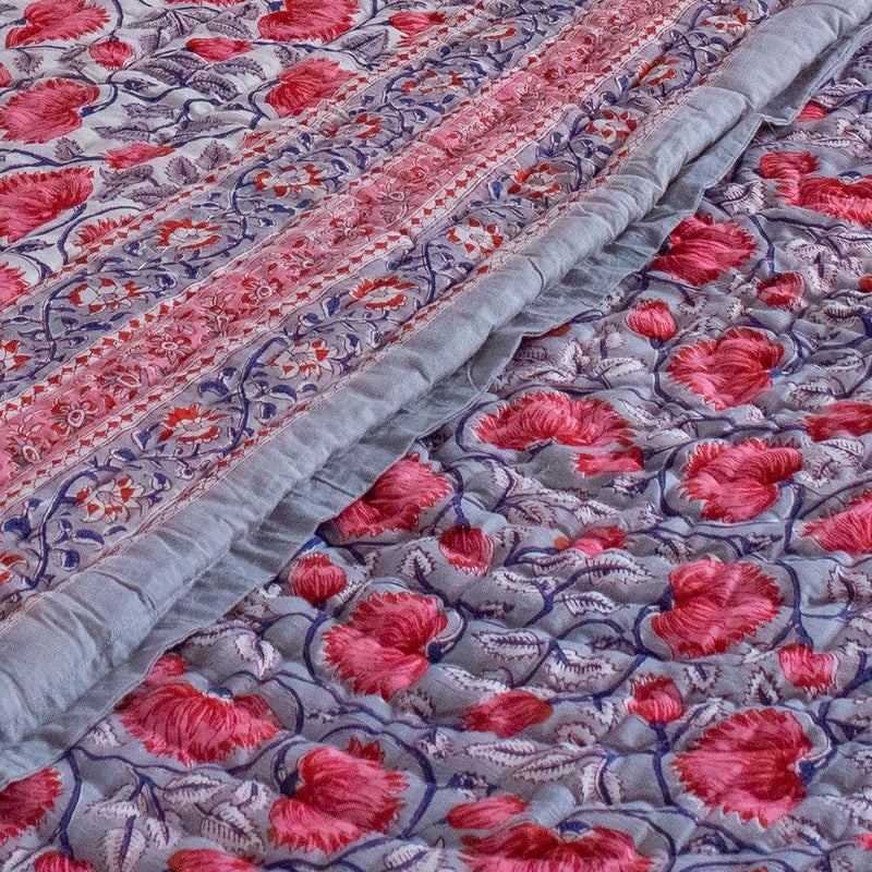 Cotton Mulmul Double Bed Jaipuri Razai Quilt Grey Pink Floral Bel Print 3 (4736317456483)