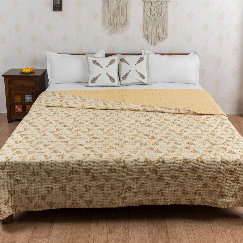 Cotton Kantha Work Double Bed Quilt Earth Brown Triangles Block Print (6755549970531)