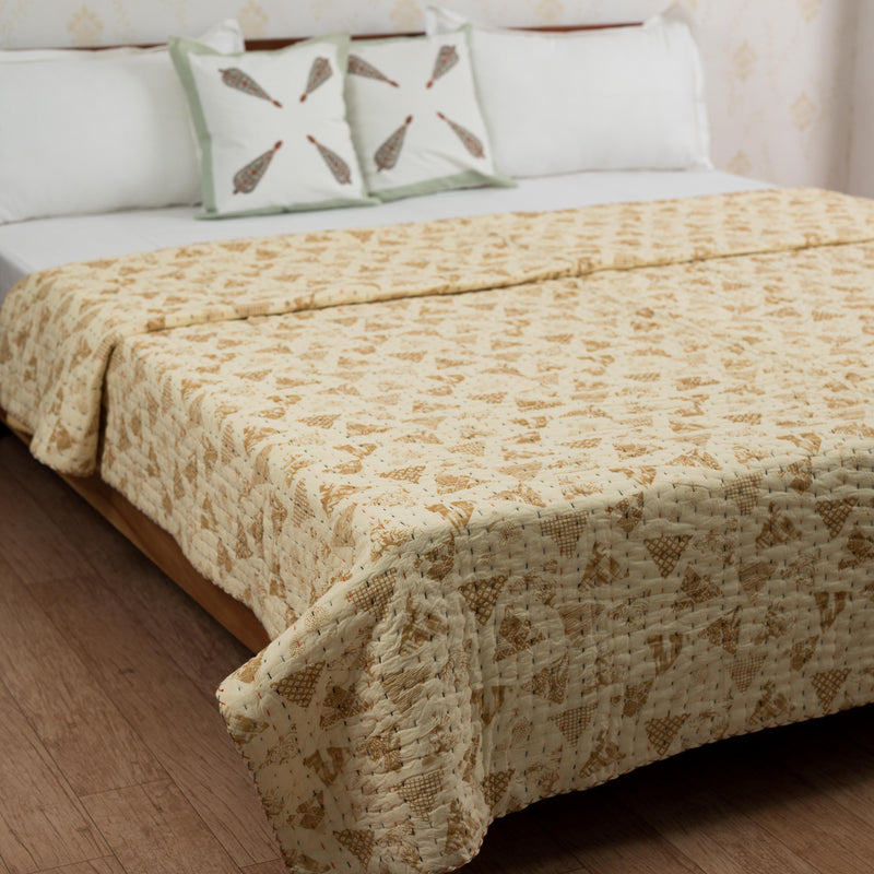 Cotton Kantha Work Double Bed Quilt Earth Brown Triangles Block Print 1 (6755549970531)