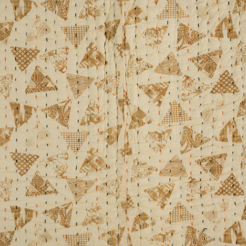 Cotton Kantha Work Double Bed Quilt Earth Brown Triangles Block Print 2 (6755549970531)