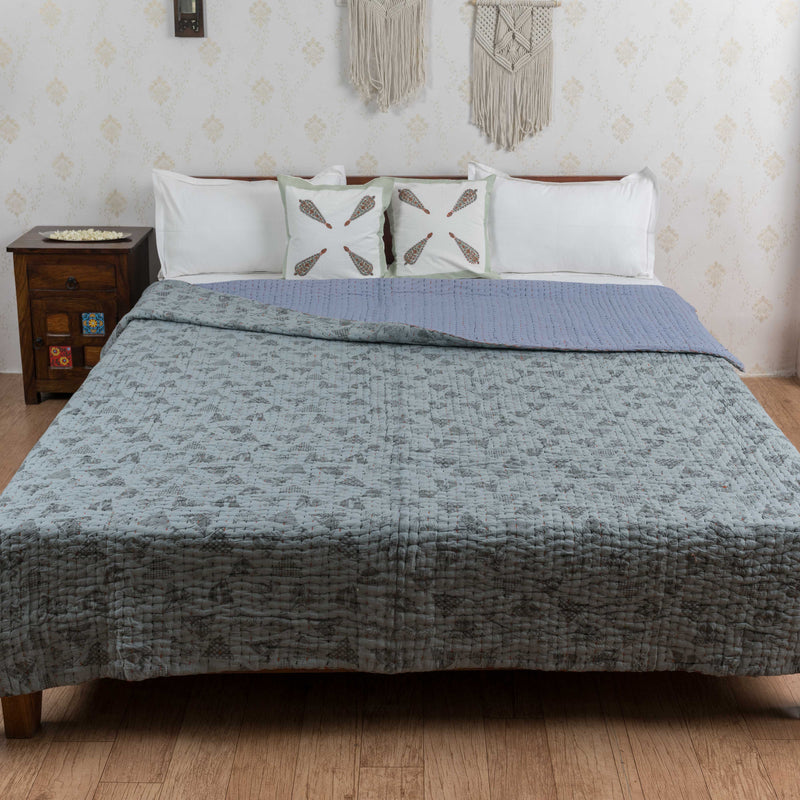 Cotton Kantha Work Double Bed Quilt Green Triangles Block Print (6755550003299)