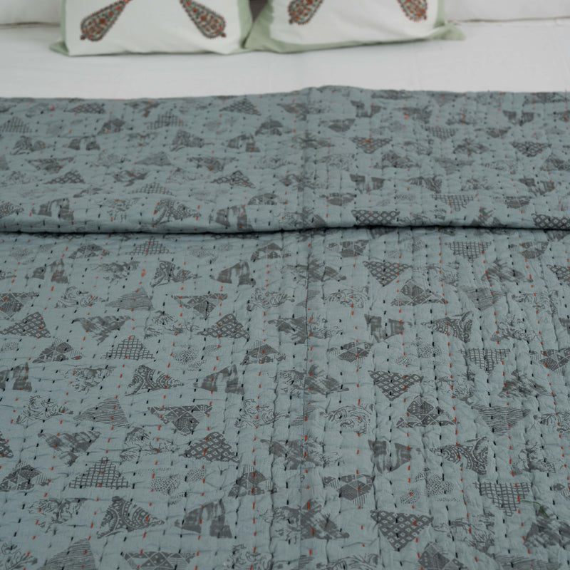 Cotton Kantha Work Double Bed Quilt Green Triangles Block Print 2 (6755550003299)