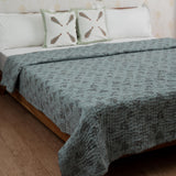Cotton Kantha Work Double Bed Quilt Green Triangles Block Print 1 (6755550003299)