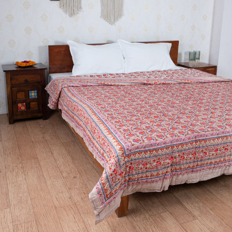 Cotton Mulmul Double Bed Razai Jaipuri Quilt Light Brown Red Tulip Bel Print (6820996087907)
