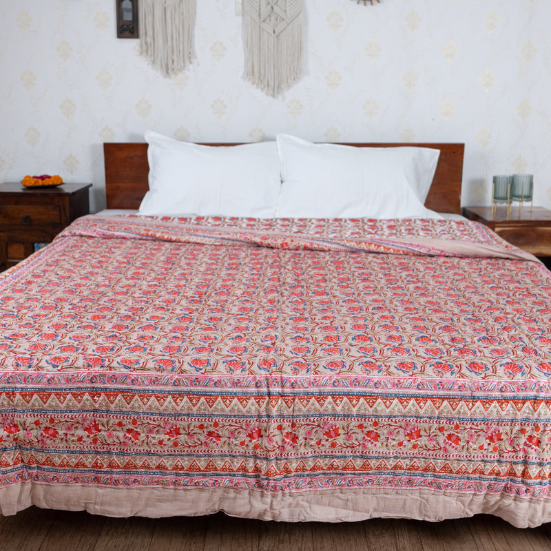 Cotton Mulmul Double Bed Razai Jaipuri Quilt Light Brown Red Tulip Bel Print 1 (6820996087907)