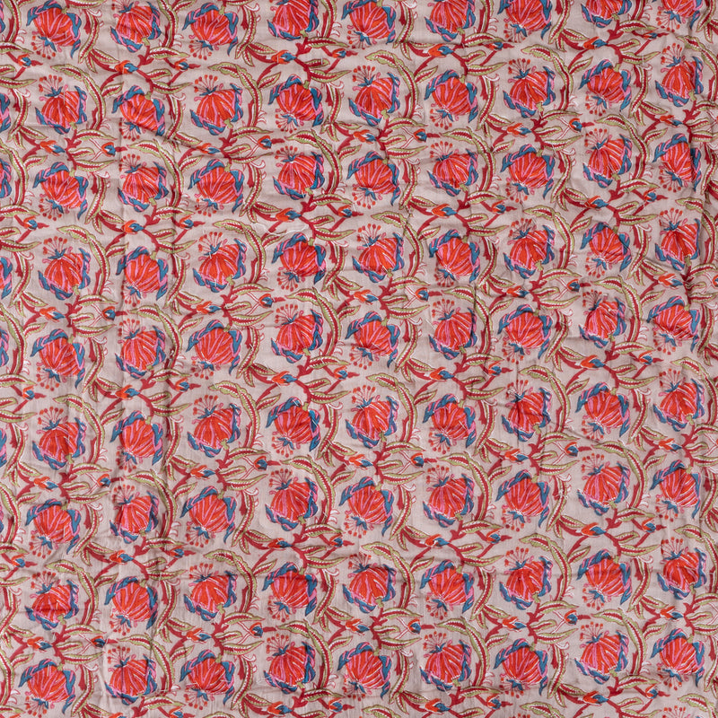 Cotton Mulmul Double Bed Razai Jaipuri Quilt Light Brown Red Tulip Bel Print 3 (6820996087907)