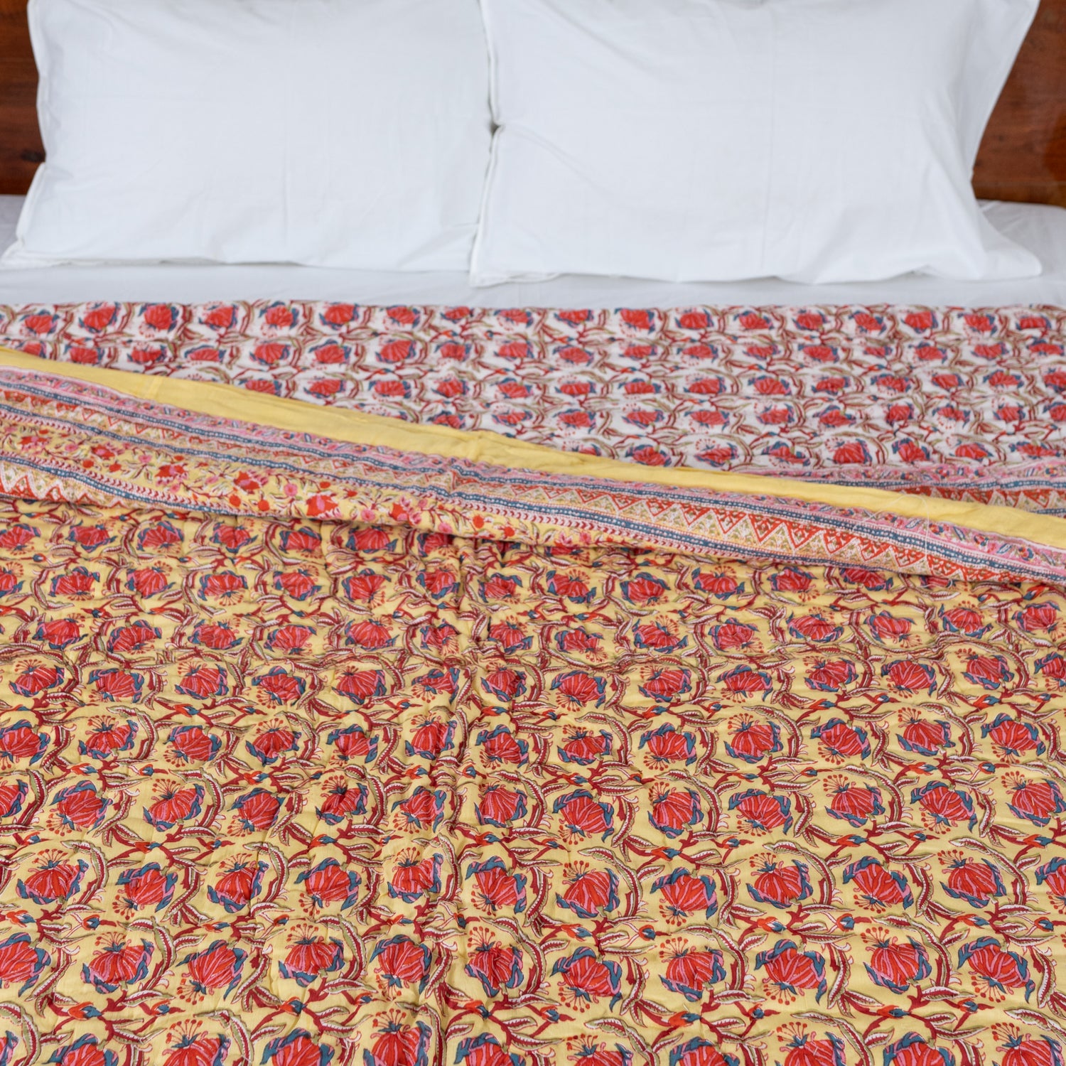 Cotton Mulmul Double Bed Razai Jaipuri Quilt Yellow Pink Tulip Bel Print (6820996120675)