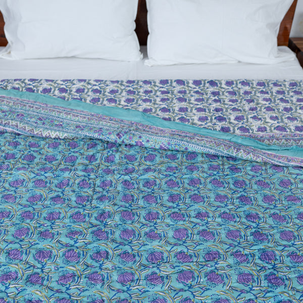 Cotton Mulmul Double Bed Razai Jaipuri Quilt Sea Green Purple Tulip Bel Print (6820996186211)