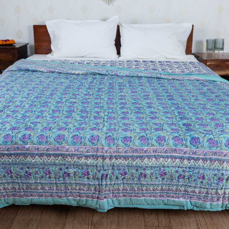 Cotton Mulmul Double Bed Razai Jaipuri Quilt Sea Green Purple Tulip Bel Print 1 (6820996186211)