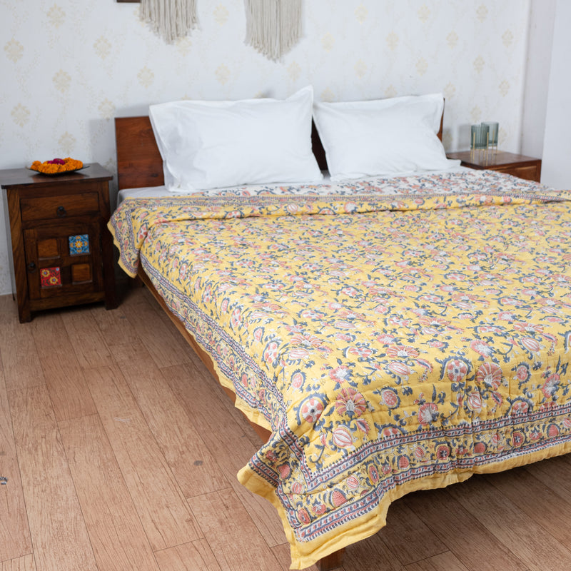 Cotton Mulmul Double Bed Razai Jaipuri Quilt Lemon Yellow Orange Floral Print 2 (6820996218979)