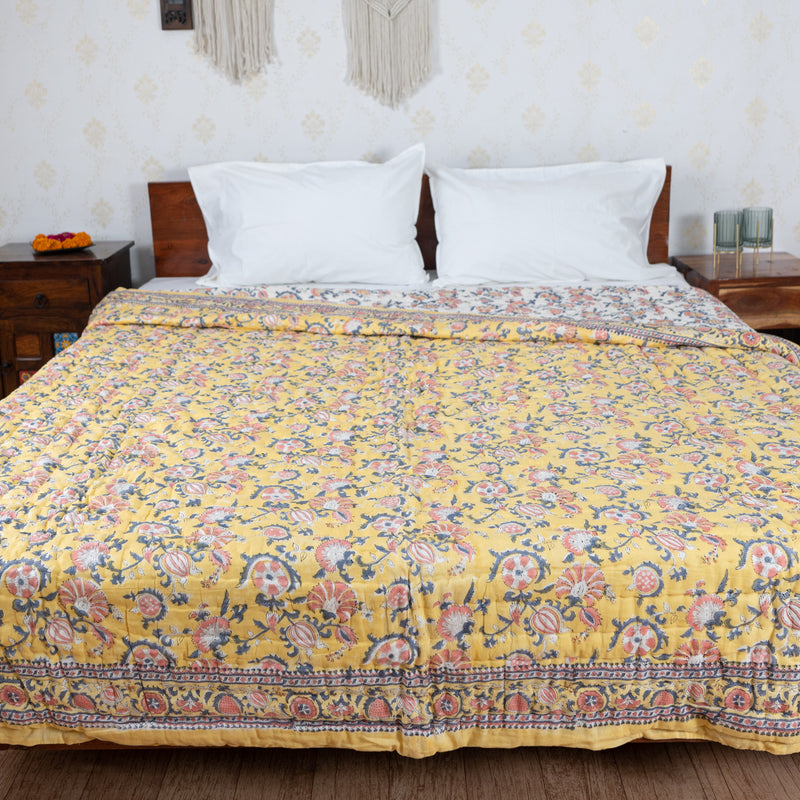 Cotton Mulmul Double Bed Razai Jaipuri Quilt Lemon Yellow Orange Floral Print 1 (6820996218979)