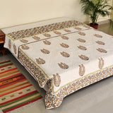 Cotton Mulmul Double Bed Jaipuri Razai Quilt Orange Grey Floral Block Print  (4778029744227)