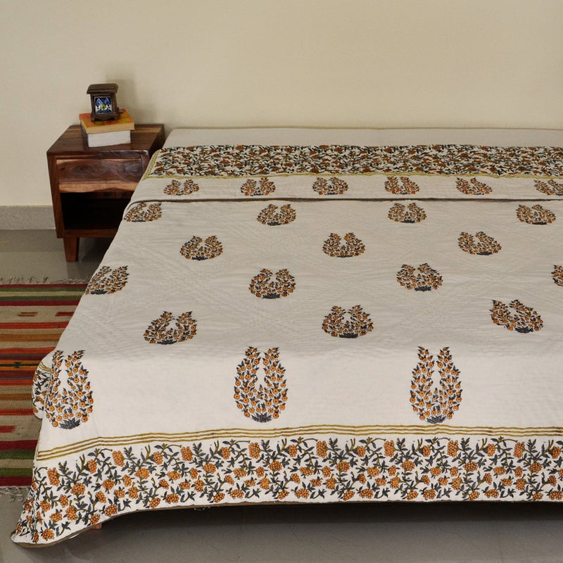 Cotton Mulmul Double Bed Jaipuri Razai Quilt Orange Grey Floral Block Print 2 (4778029744227)