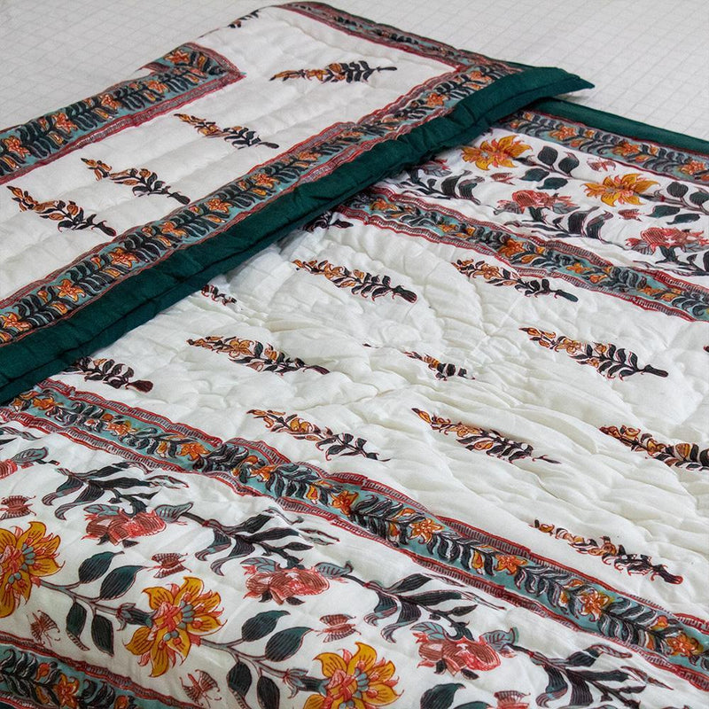 Cotton Mulmul Single Bed Jaipuri Razai White Green Boota Block Print 4 (4778121822307)