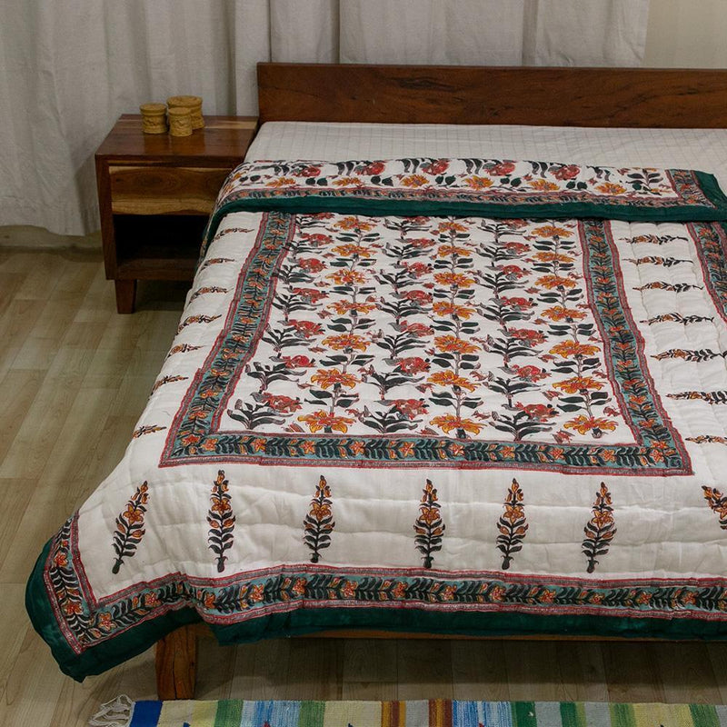 Cotton Mulmul Single Bed Jaipuri Razai White Green Boota Block Print 3 (4778121822307)