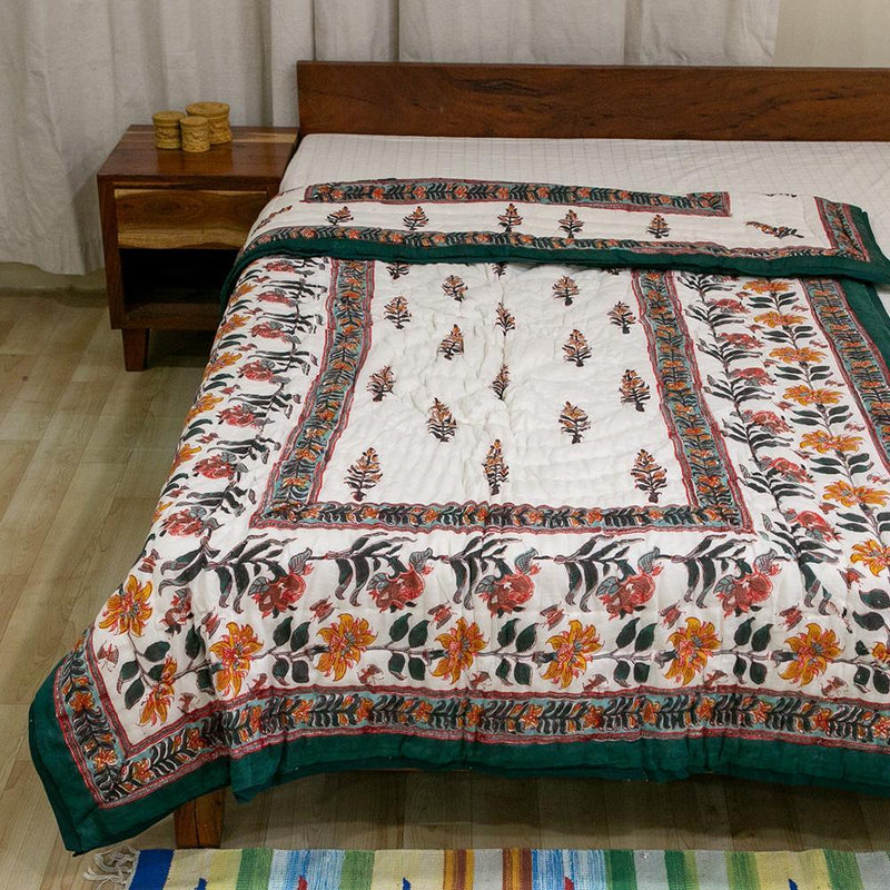 Cotton Mulmul Single Bed Jaipuri Razai White Green Boota Block Print 2 (4778121822307)