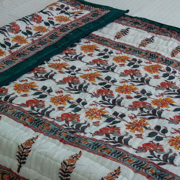 Cotton Mulmul Single Bed Jaipuri Razai White Green Boota Block Print 1 (4778121822307)