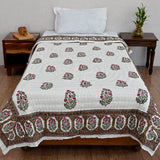 Cotton Mulmul Single Bed Jaipuri Razai Quilt Pink Green Floral Jaal Block Print 1 (6666845290595)