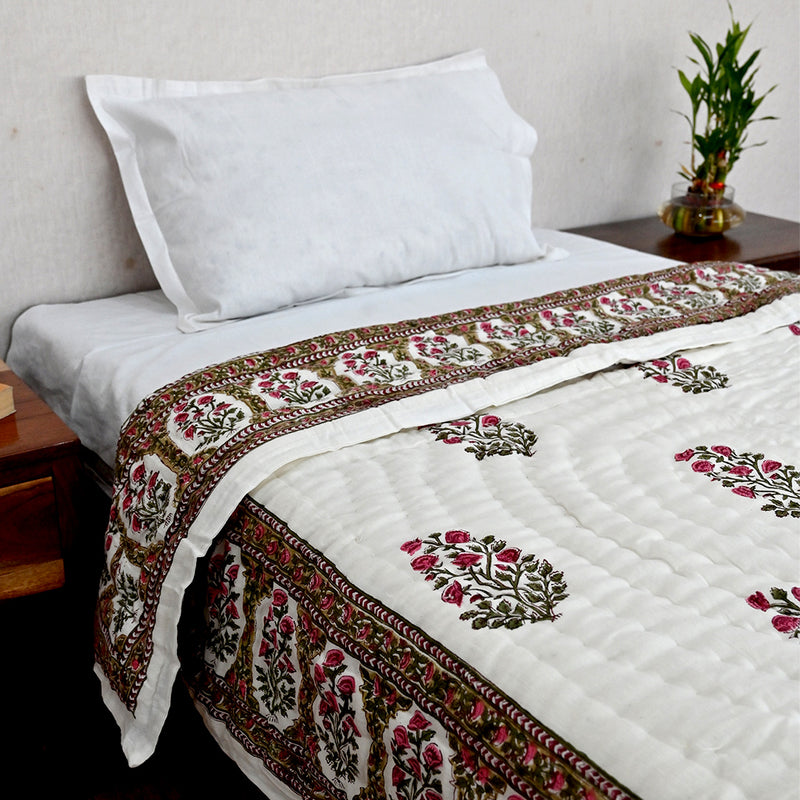 Cotton Mulmul Single Bed Jaipuri Razai Quilt Pink Green Floral Jaal Block Print 3 (6666845290595)