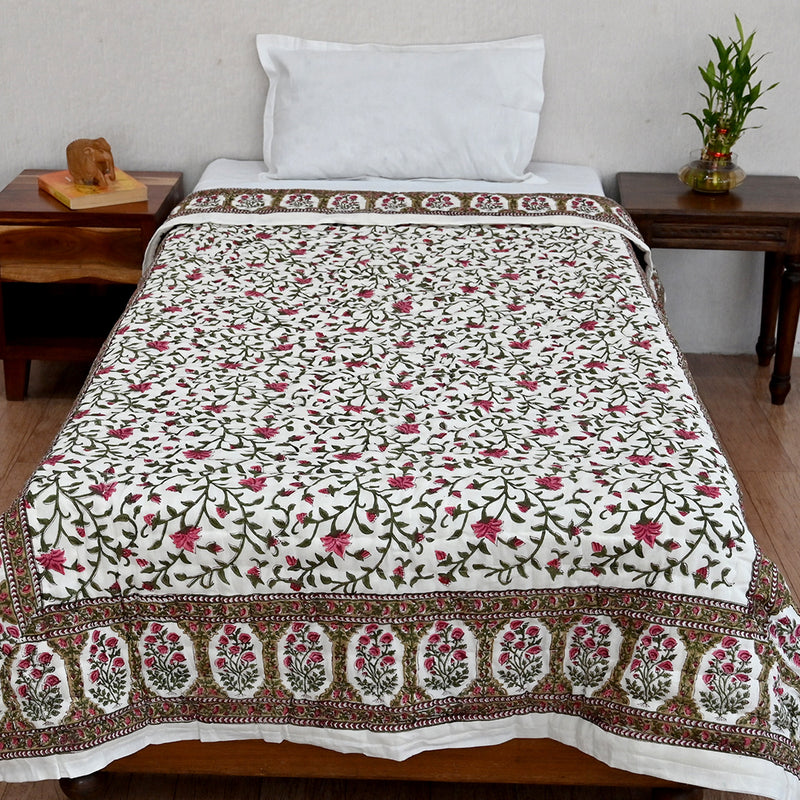 Cotton Mulmul Single Bed Jaipuri Razai Quilt Pink Green Floral Jaal Block Print (6666845290595)