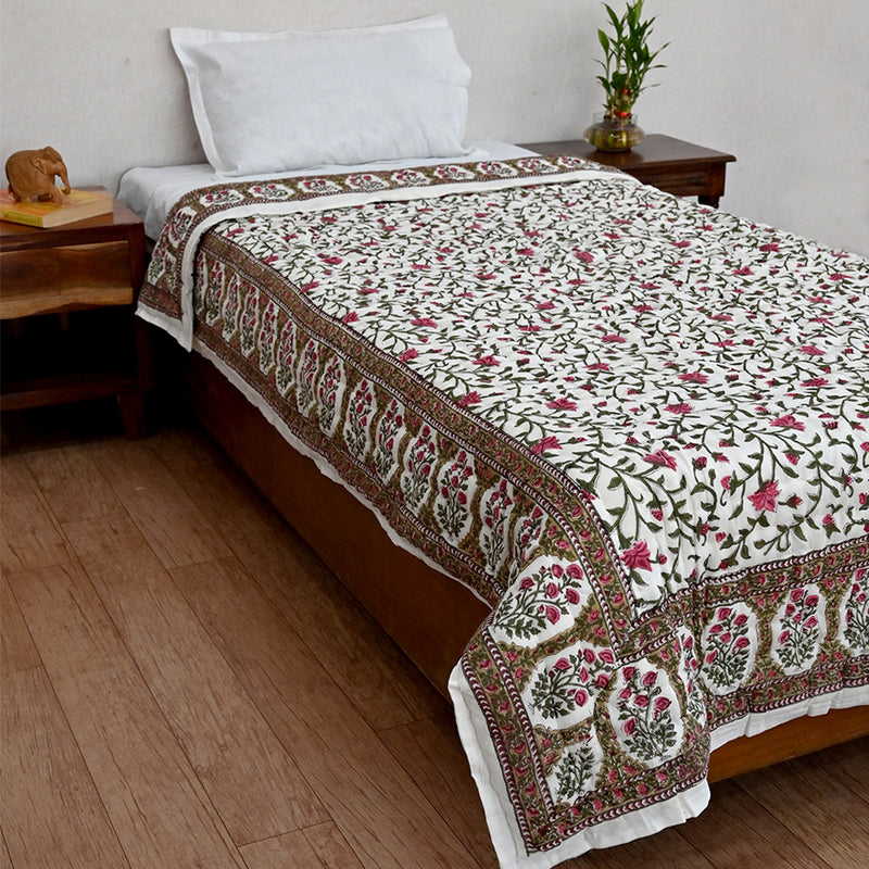 Cotton Mulmul Single Bed Jaipuri Razai Quilt Pink Green Floral Jaal Block Print 2 (6666845290595)