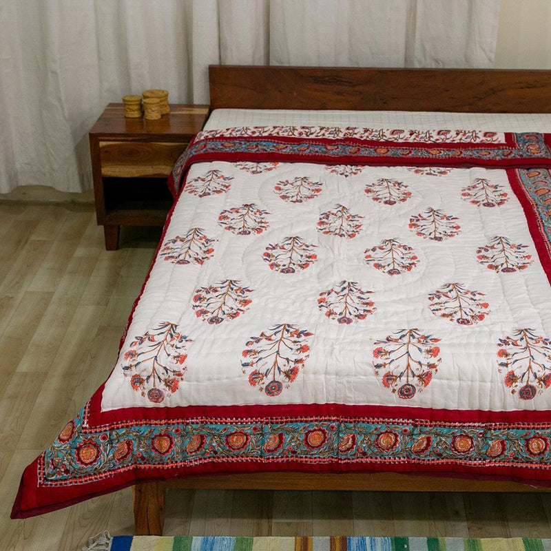 Cotton Mulmul Single Bed Jaipuri Razai Red Brown Floral Bel Block Print 3 (4778124312675)