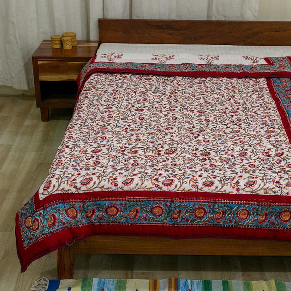 Cotton Mulmul Single Bed Jaipuri Razai Red Brown Floral Bel Block Print 2 (4778124312675)