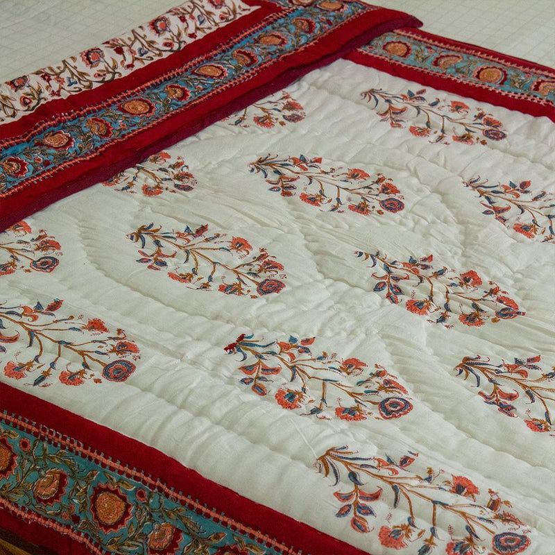 Cotton Mulmul Single Bed Jaipuri Razai Red Brown Floral Bel Block Print 1 (4778124312675)