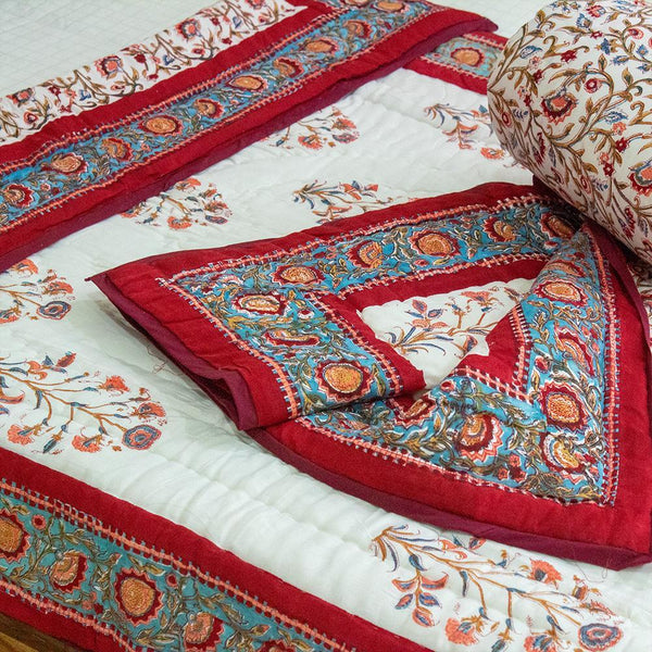 Cotton Mulmul Single Bed Jaipuri Razai Red Brown Floral Bel Block Print (4778124312675)