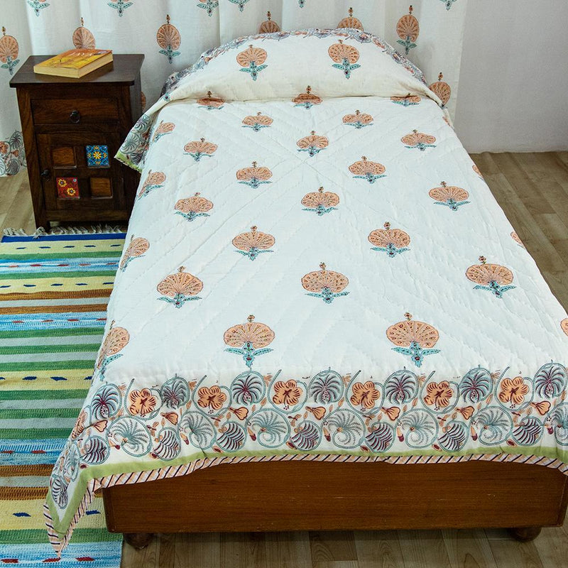 Cotton Mulmul Single Bed Razai Quilt Peach Green Morpankh Block Print 4 (6543379824739)