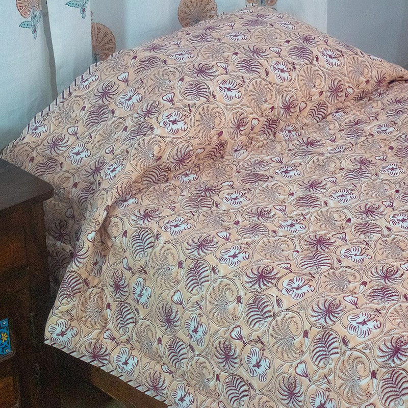 Cotton Mulmul Single Bed Razai Quilt Peach Green Morpankh Block Print 1 (6543379824739)