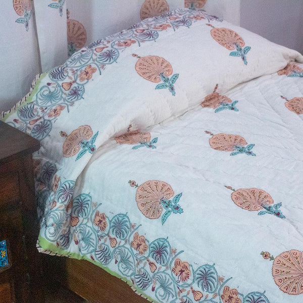 Cotton Mulmul Single Bed Razai Quilt Peach Green Morpankh Block Print (6543379824739)