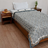 Cotton Mulmul Single Bed Quilt Razai Grey Brown Leaf Jaal Block Print (6666845323363)