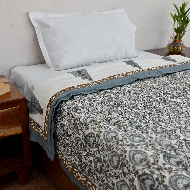 Cotton Mulmul Single Bed Quilt Razai Grey Brown Leaf Jaal Block Print 3 (6666845323363)