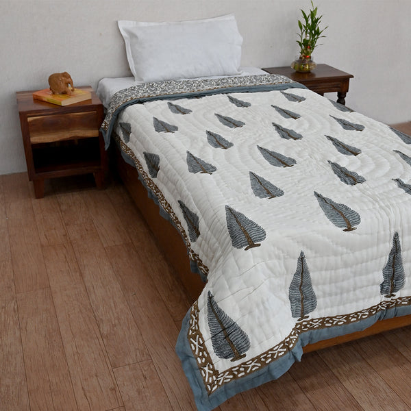 Cotton Mulmul Single Bed Quilt Razai Grey Brown Leaf Jaal Block Print 2 (6666845323363)