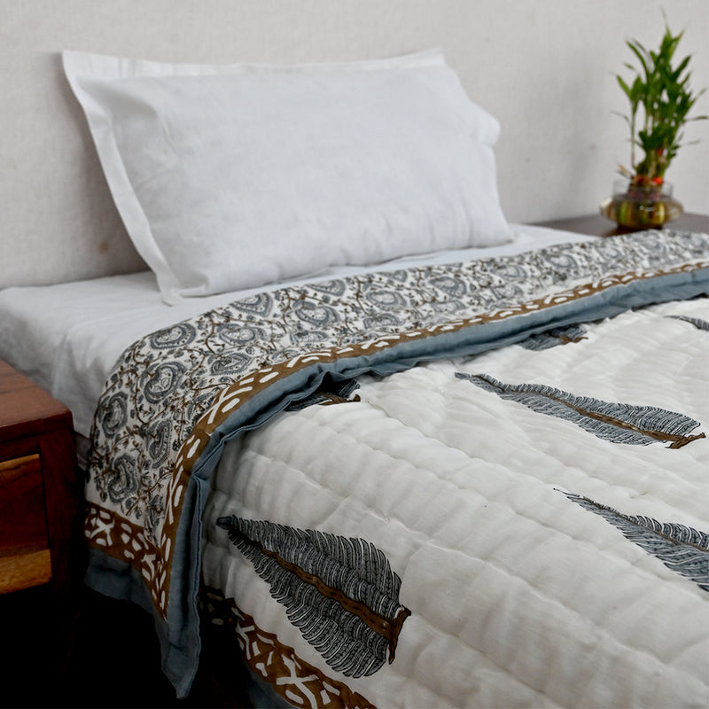 Cotton Mulmul Single Bed Quilt Razai Grey Brown Leaf Jaal Block Print 1 (6666845323363)