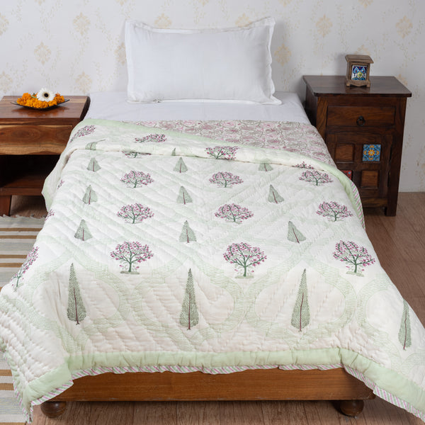 Morning Petal Handblock Printed Single Bed Razai (6863326773347)