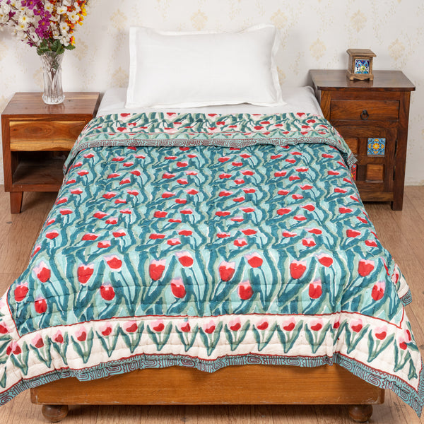 Cotton Single Bed Razai Jaipuri Quilt Sea Green Red Tulip Block Print (6820997562467)