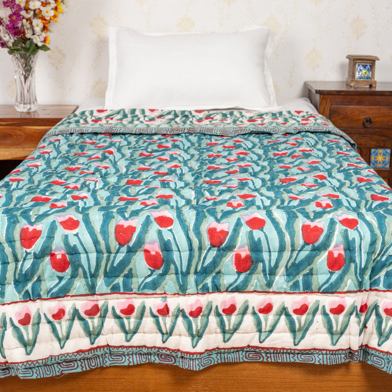 Cotton Single Bed Razai Jaipuri Quilt Sea Green Red Tulip Block Print 2 (6820997562467)