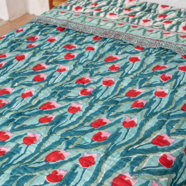 Cotton Single Bed Razai Jaipuri Quilt Sea Green Red Tulip Block Print 1 (6820997562467)