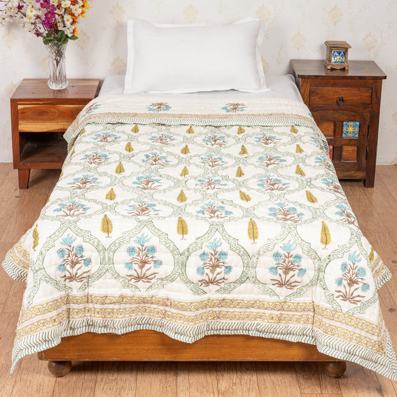 Cotton Single Bed Razai Jaipuri Quilt Turquoise Brown Boota Block Print 4 (6820997628003)