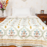 Cotton Single Bed Razai Jaipuri Quilt Turquoise Brown Boota Block Print 1 (6820997628003)