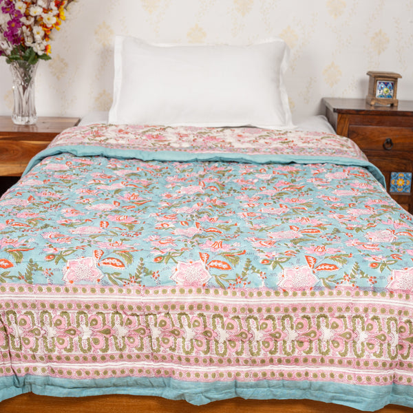 Cotton Single Bed Razai Jaipuri Quilt Teal Green Pink Floral Print 1 (6820997791843)