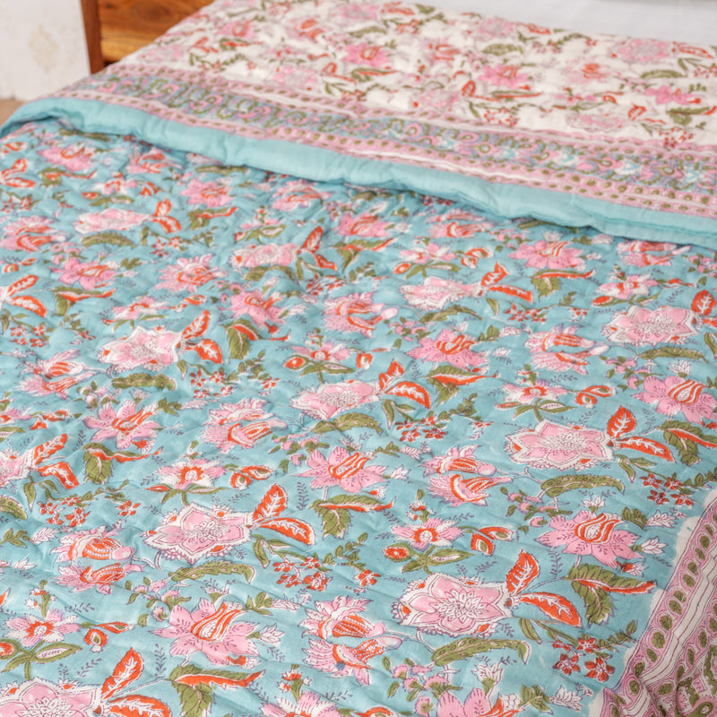 Cotton Single Bed Razai Jaipuri Quilt Teal Green Pink Floral Print 2 (6820997791843)
