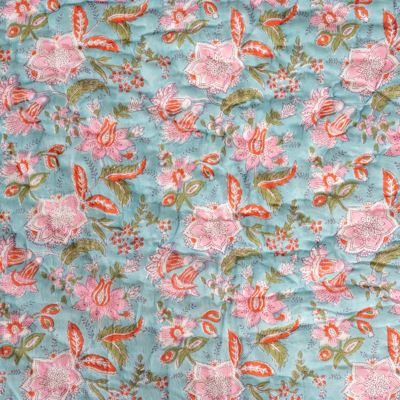 Cotton Single Bed Razai Jaipuri Quilt Teal Green Pink Floral Print 3 (6820997791843)
