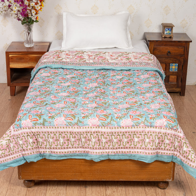 Cotton Single Bed Razai Jaipuri Quilt Teal Green Pink Floral Print 4 (6820997791843)